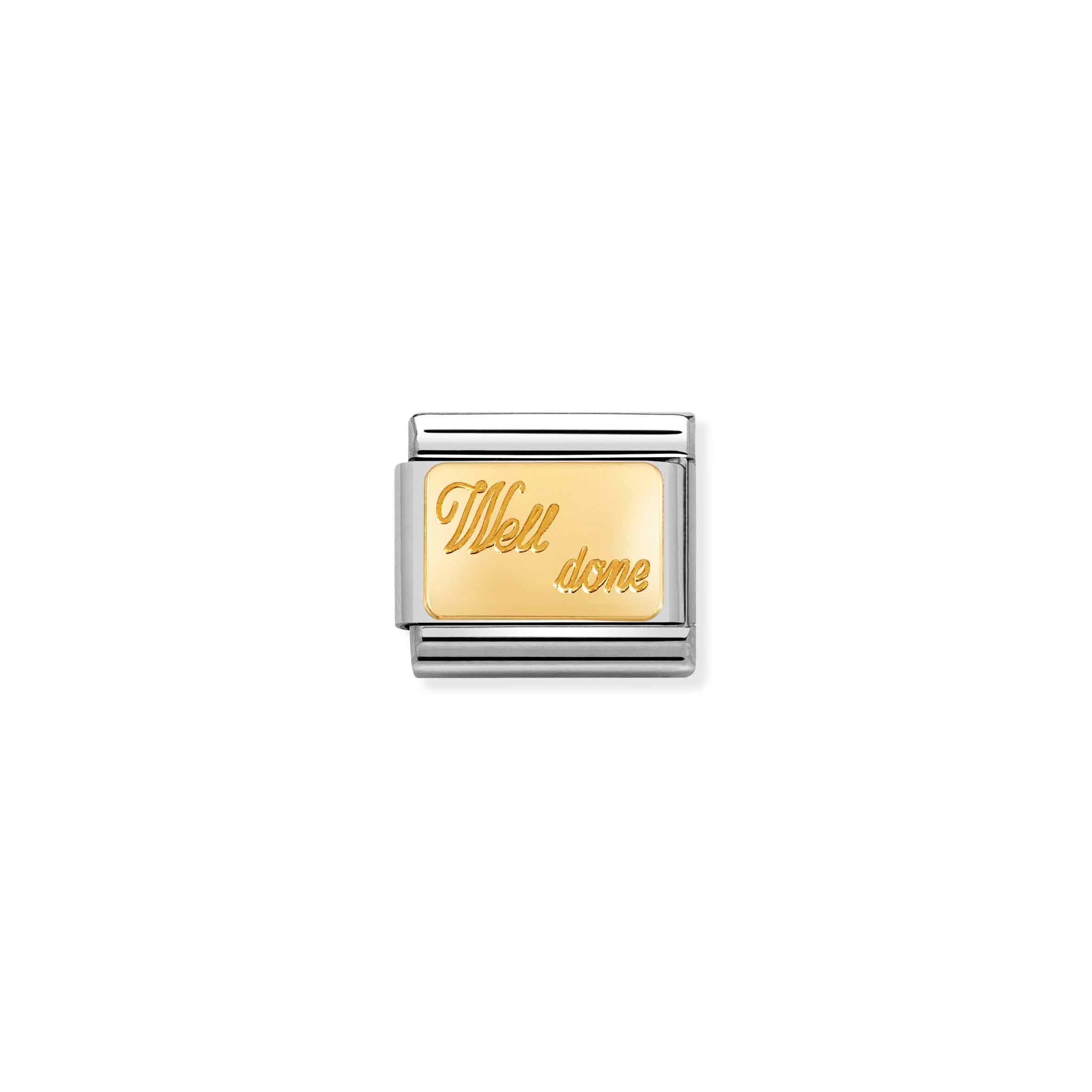 Gold and silver charm with 'Well done' engraving on a white background