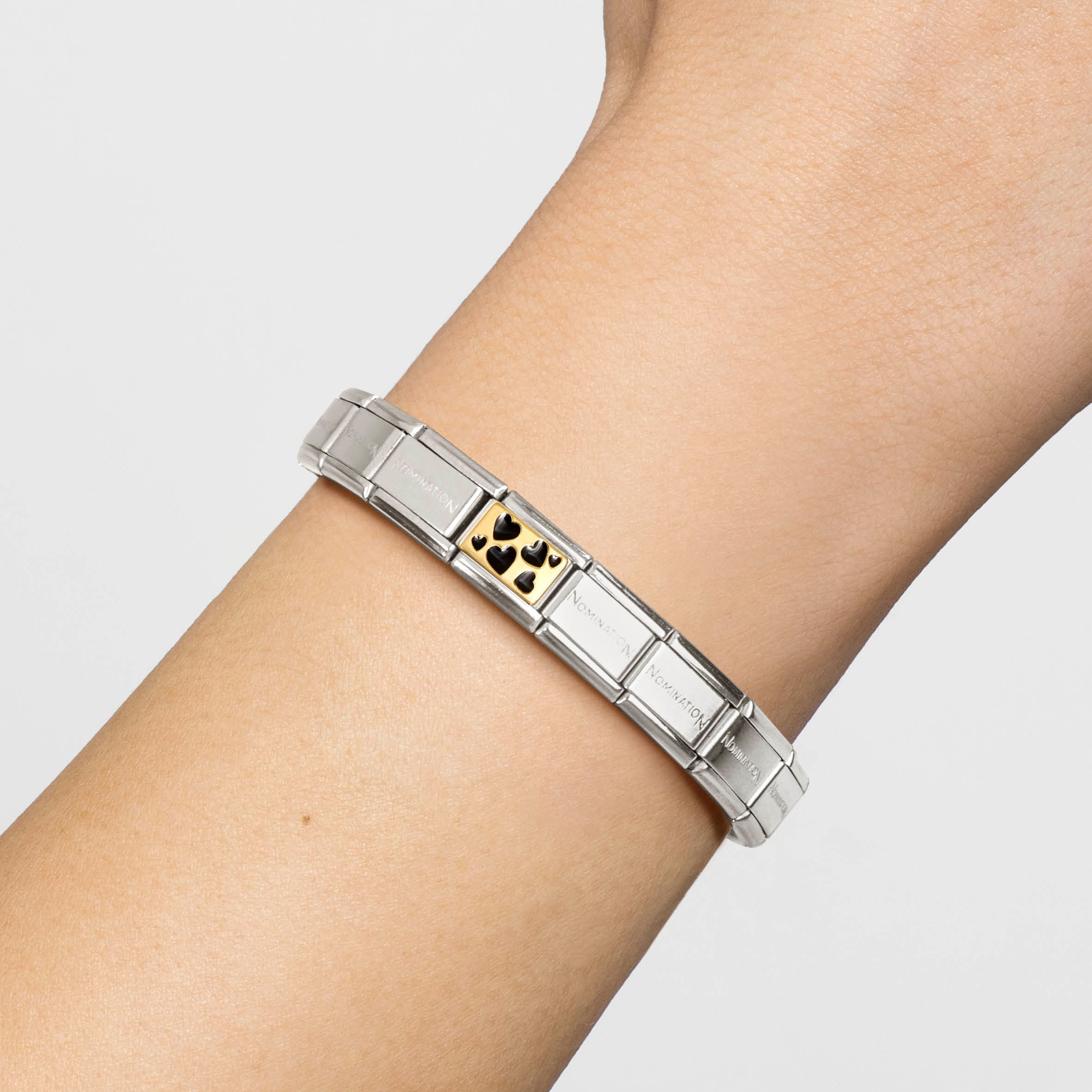 Composable® Link, Charm, Black Hearts Plaque in hypoallergenic stainless steel, gold 18 kt and enamel | Nomination Italy