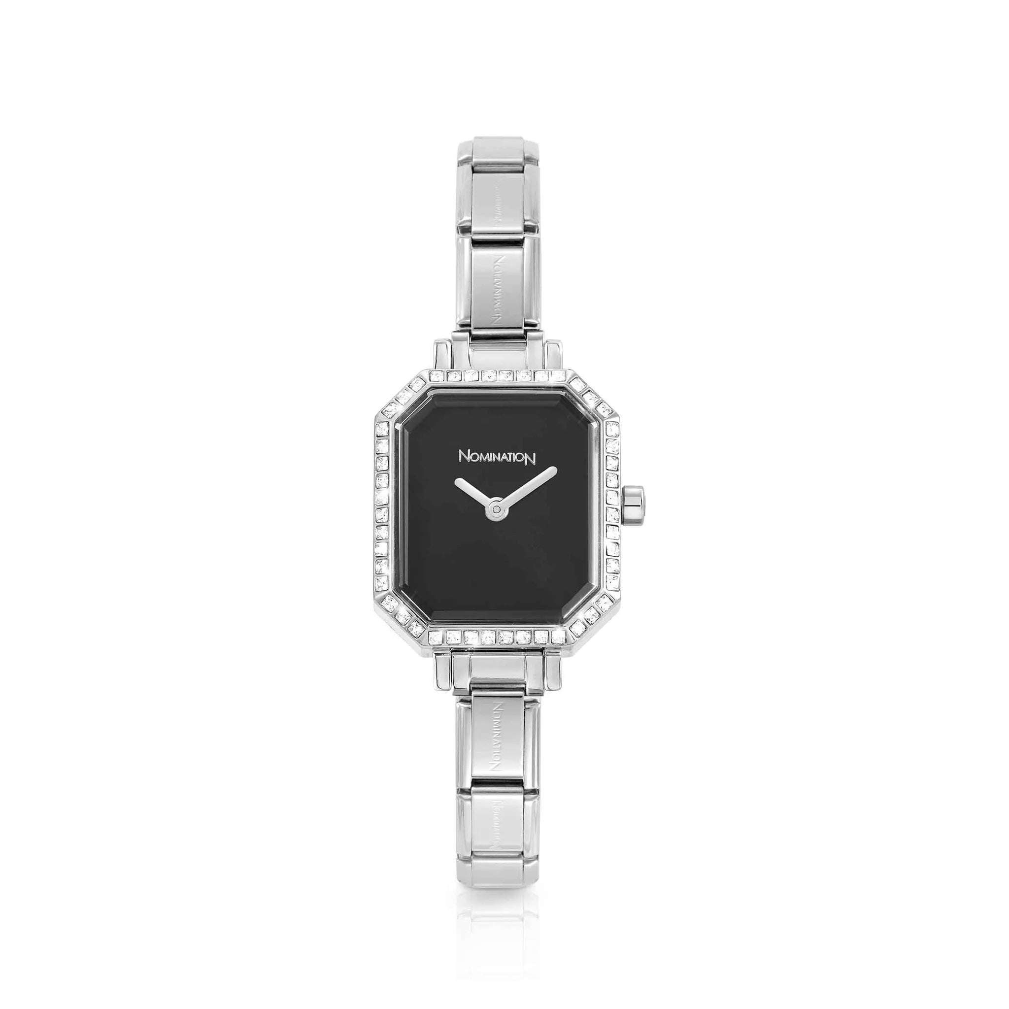 Stainless Steel Silver Black Rectangle Dial Watch with Cubic Zirconia on Composable Links