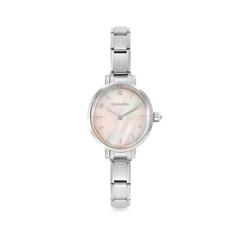Paris watch with steel strap oval with cubic zirconia pink mother-of-pearl. Personalized watch with Composable® links. Make it your own.