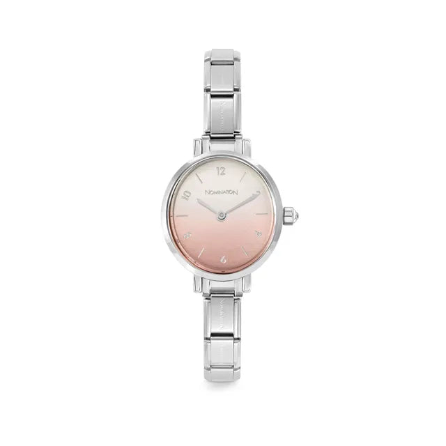 Silver watch with a pink gradient face on a white background