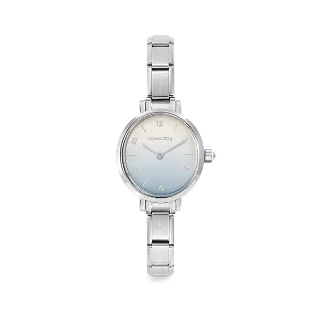 Silver watch with a light blue gradient dial on a white background