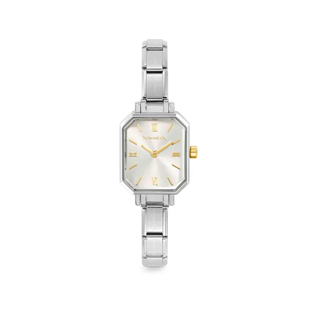 Silver watch with gold accents on a white background
