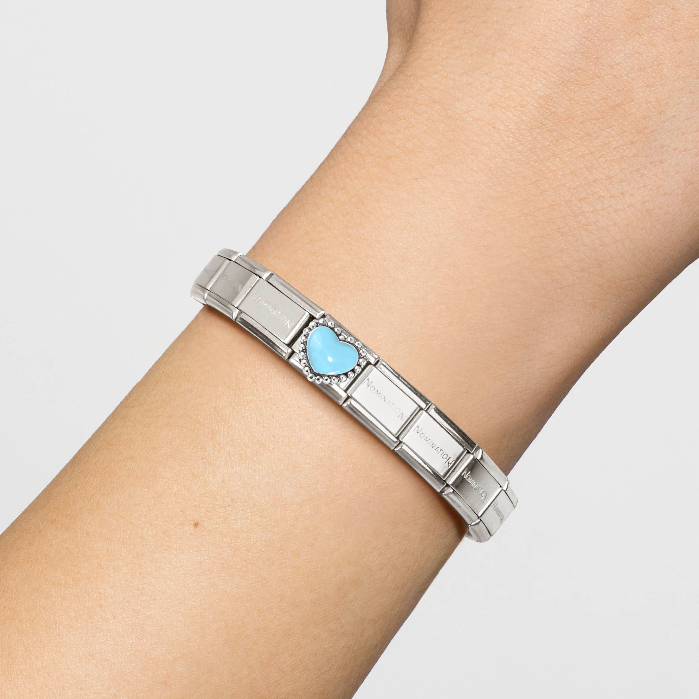 Composable® Link, Charm, Pastel Blue Heart, Beaded Setting in hypoallergenic stainless steel, sterling silver .925 and enamel | Nomination Italy