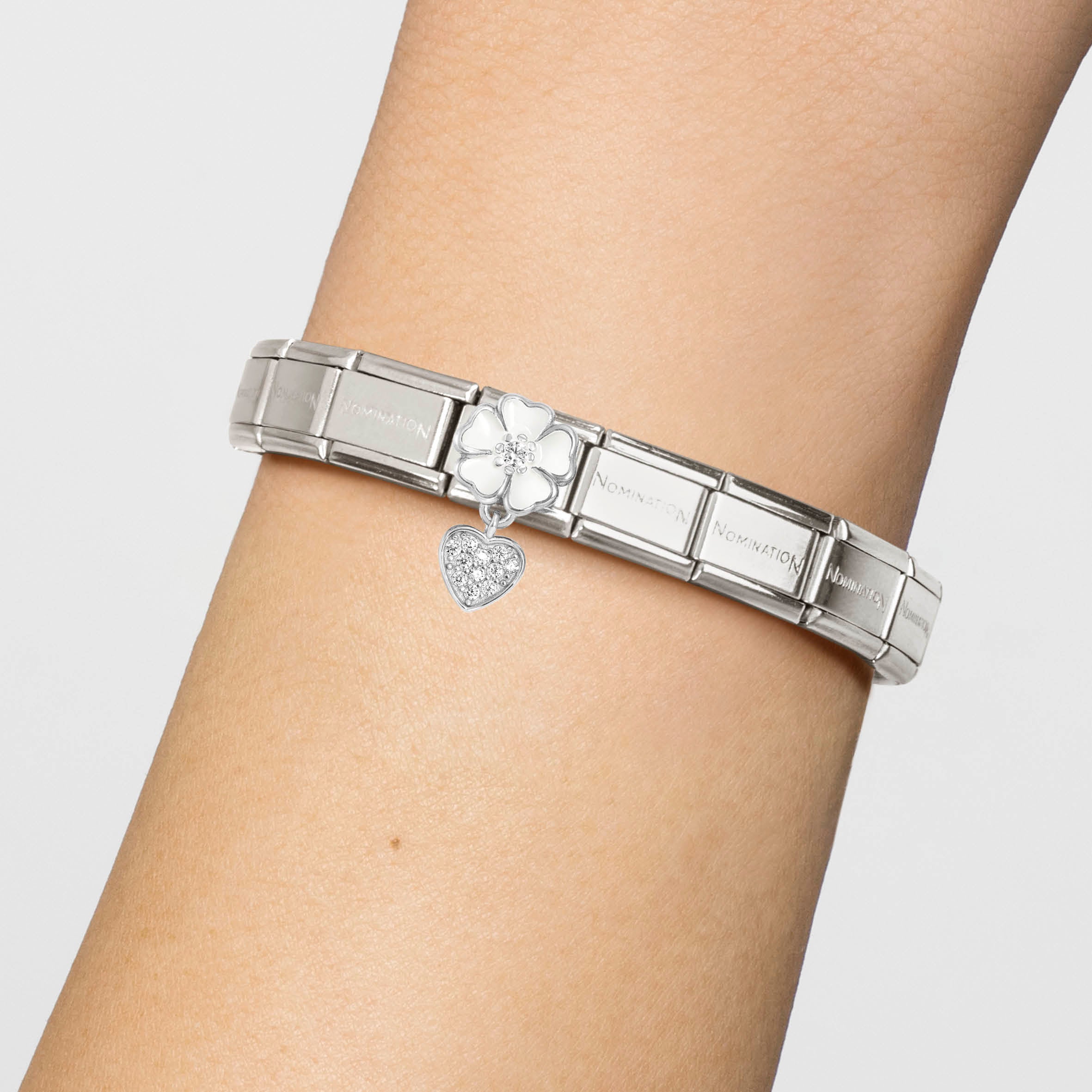 Composable® Link, Charm, White Flower, Heart in hypoallergenic stainless steel, sterling silver .925 and cubic zirconia | Nomination Italy