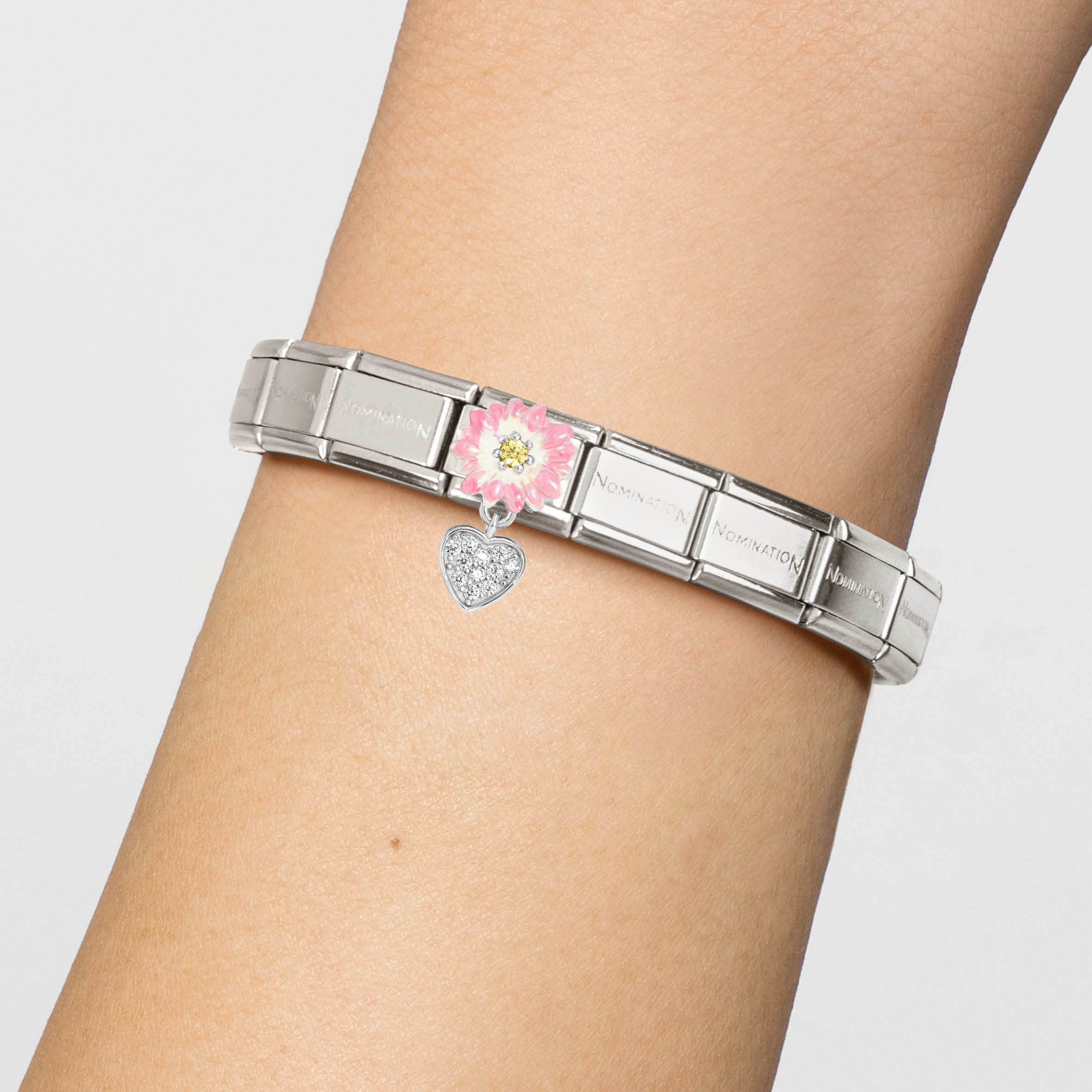 Composable® Link, Charm, Flower,yellow Cubic Zirconia,heart in hypoallergenic stainless steel, sterling silver .925 and cubic zirconia | Nomination Italy