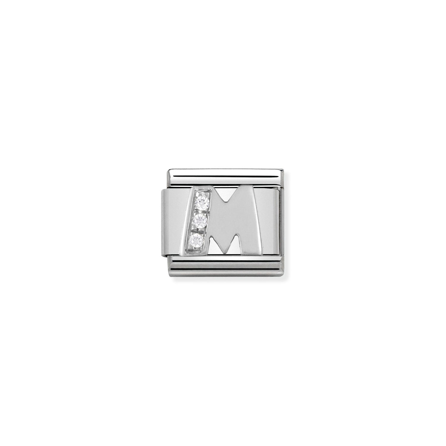 Composable® Link, Charm, Letter M In silver and Stones in hypoallergenic stainless steel, sterling silver .925 and cubic zirconia | Nomination Italy