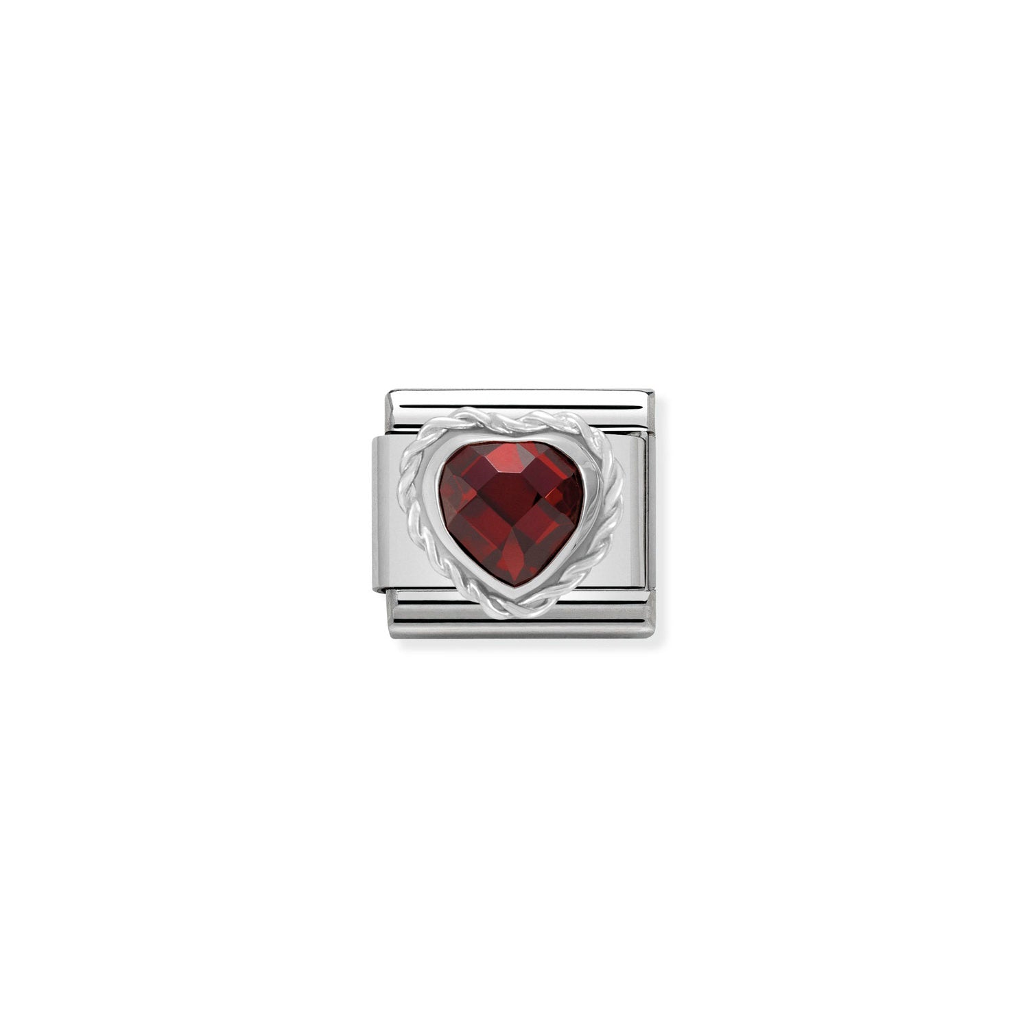 Composable® Link, Charm, Heart-shaped Faceted Red Stone and silver in hypoallergenic stainless steel, sterling silver .925 and cubic zirconia | Nomination Italy