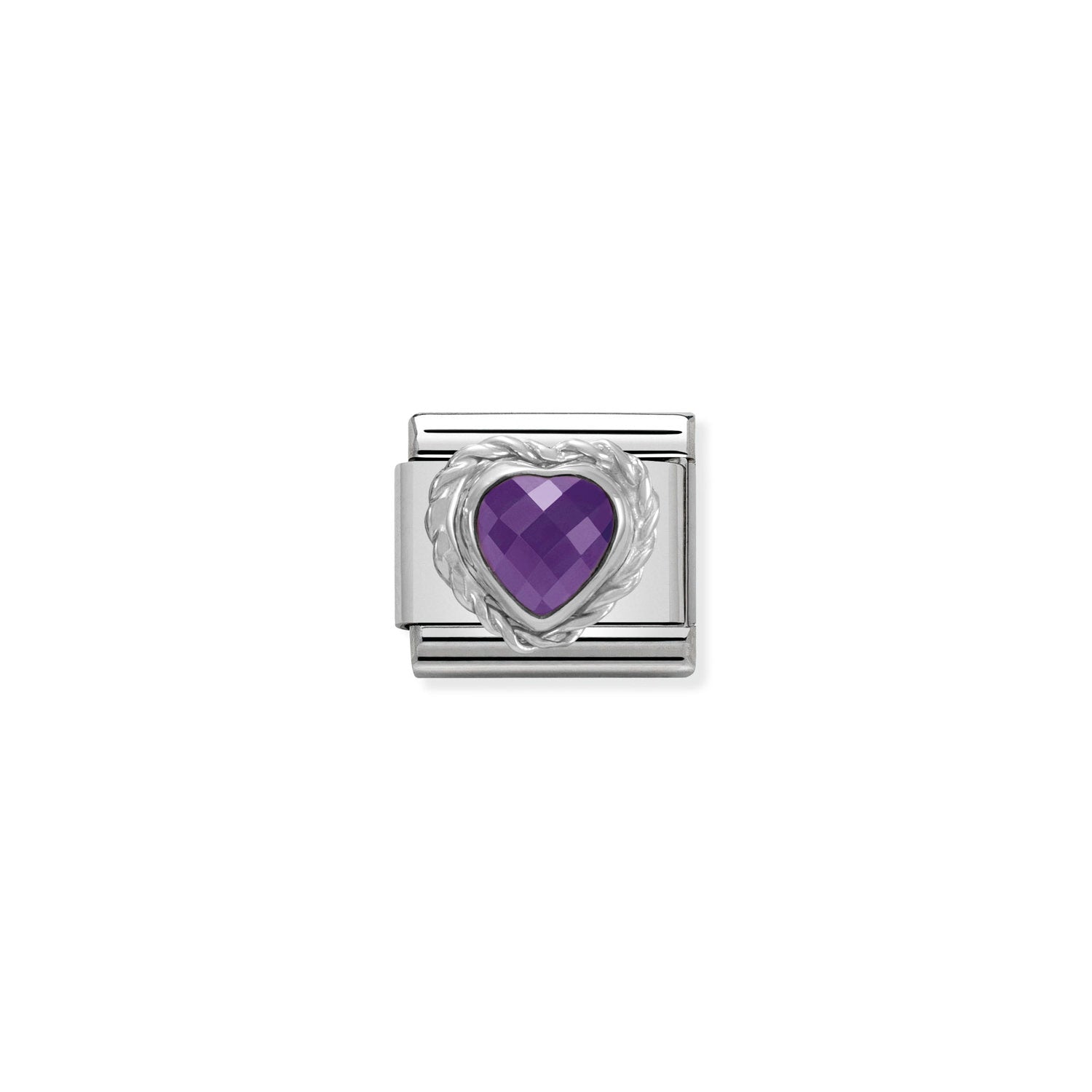 Composable® Link, Charm, Heart-shaped Faceted Purple Stone and silver in hypoallergenic stainless steel, sterling silver .925 and cubic zirconia | Nomination Italy