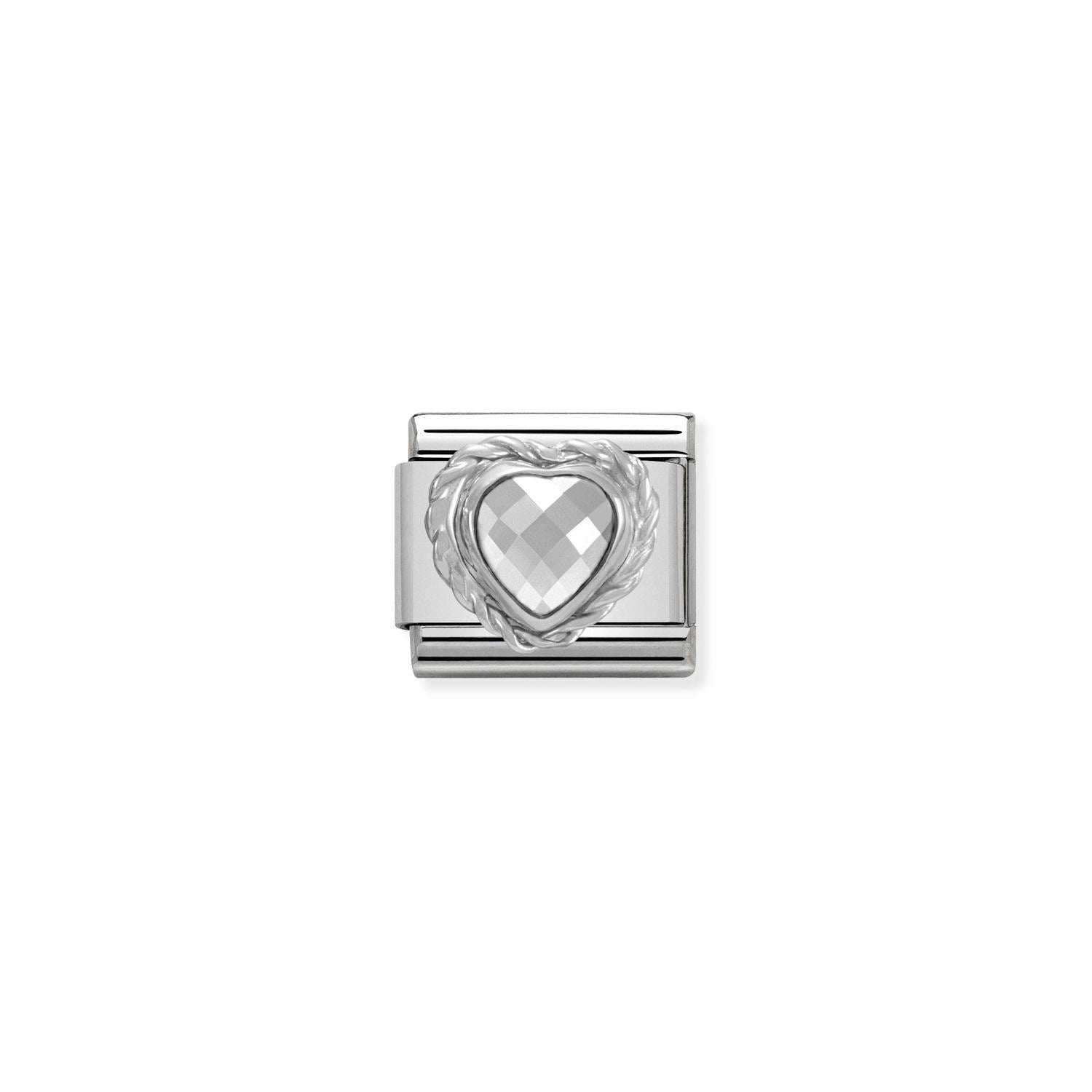 Composable® Link, Charm, Heart-shaped Faceted White Stone and silver in hypoallergenic stainless steel, sterling silver .925 and cubic zirconia | Nomination Italy