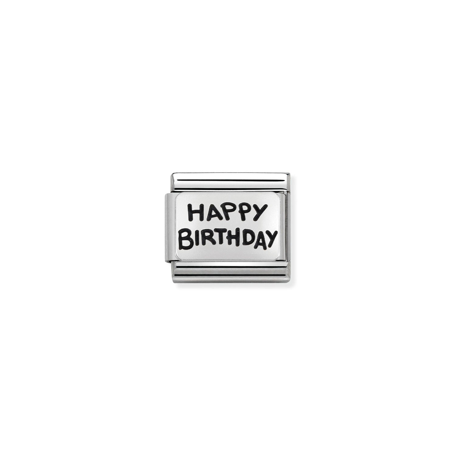 Composable® Link, Charm, Happy Birthday Black Writing in hypoallergenic stainless steel and sterling silver .925 | Nomination Italy