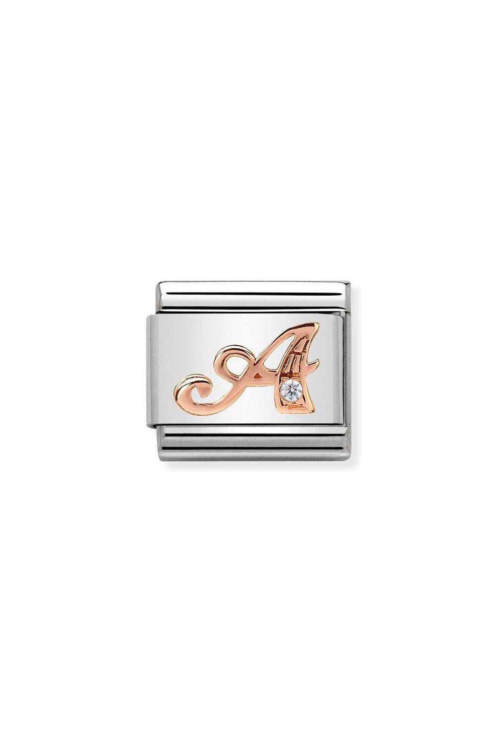 Composable® Link, Charm, Letter A In rose gold and Cubic Zirconia in hypoallergenic stainless steel, rose gold 9kt, and cubic zirconia | Nomination Italy