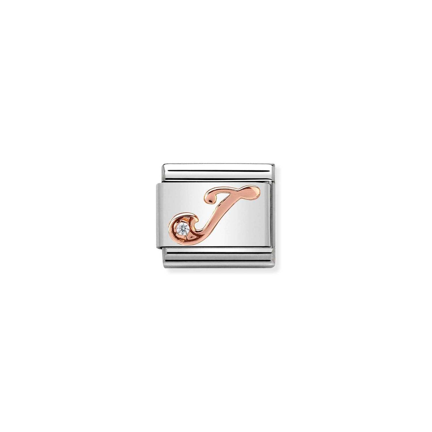 Composable® Link, Charm, Letter J In rose gold and Cubic Zirconia in hypoallergenic stainless steel, rose gold 9kt, and cubic zirconia | Nomination Italy