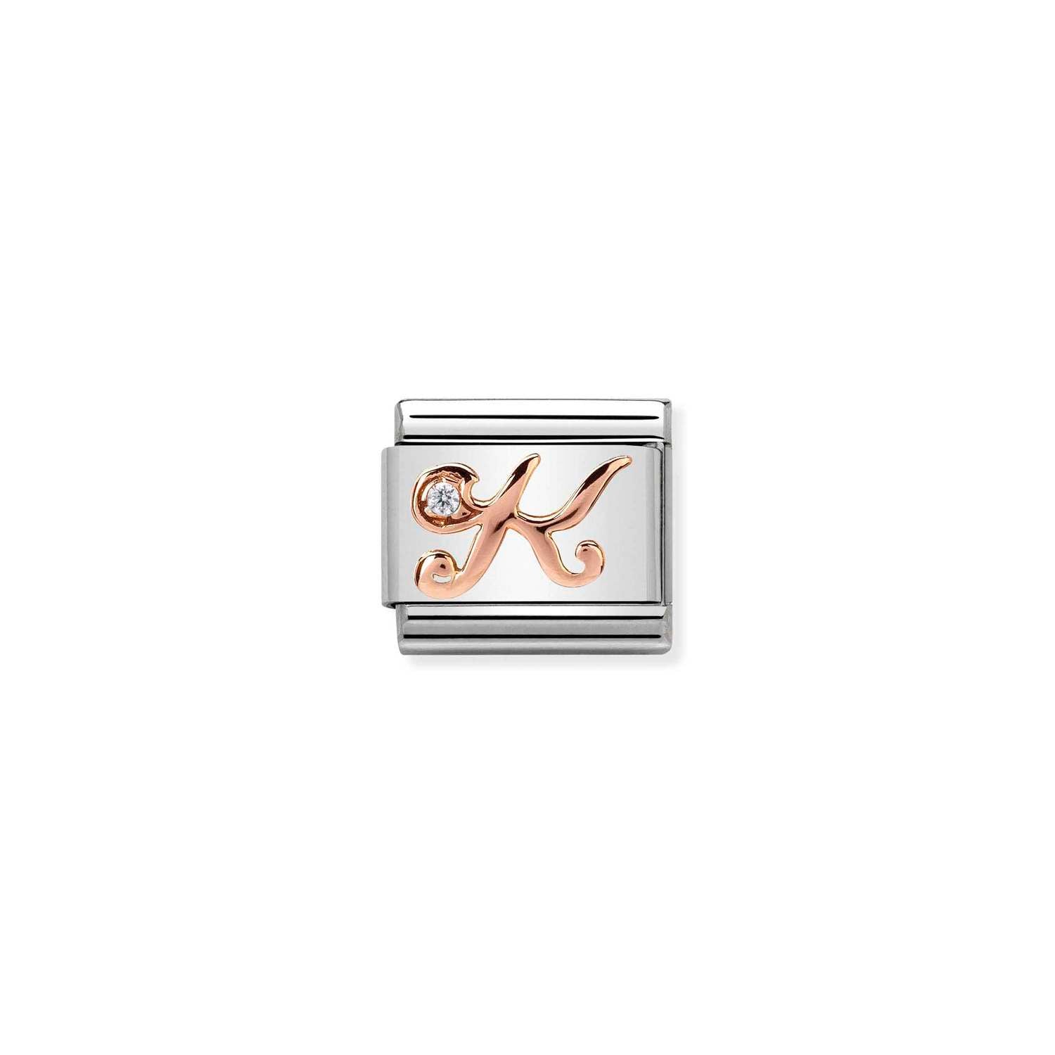 Composable® Link, Charm, Letter K In rose gold and Cubic Zirconia in hypoallergenic stainless steel, rose gold 9kt, and cubic zirconia | Nomination Italy