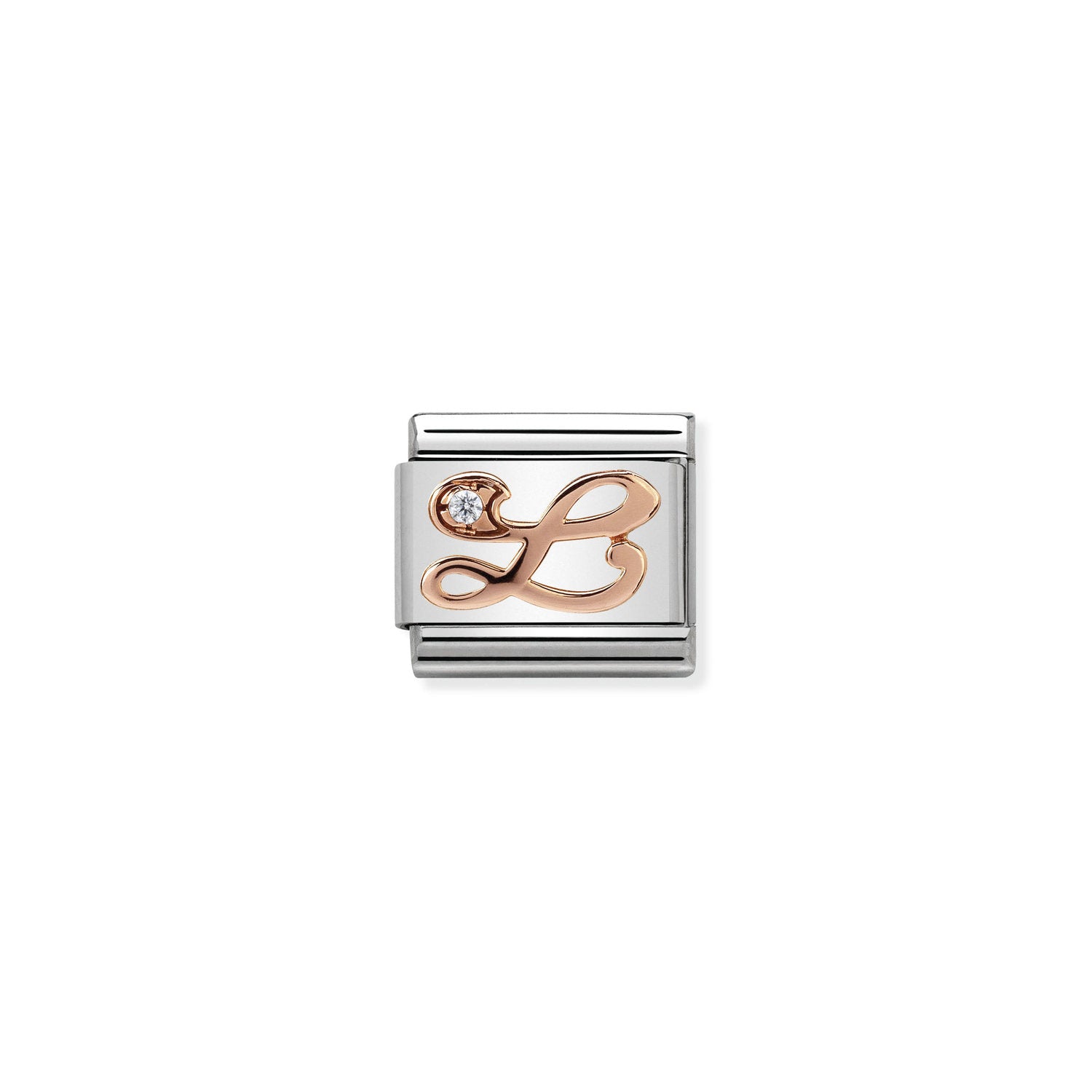 Composable® Link, Charm, Letter L In rose gold and Cubic Zirconia in hypoallergenic stainless steel, rose gold 9kt, and cubic zirconia | Nomination Italy