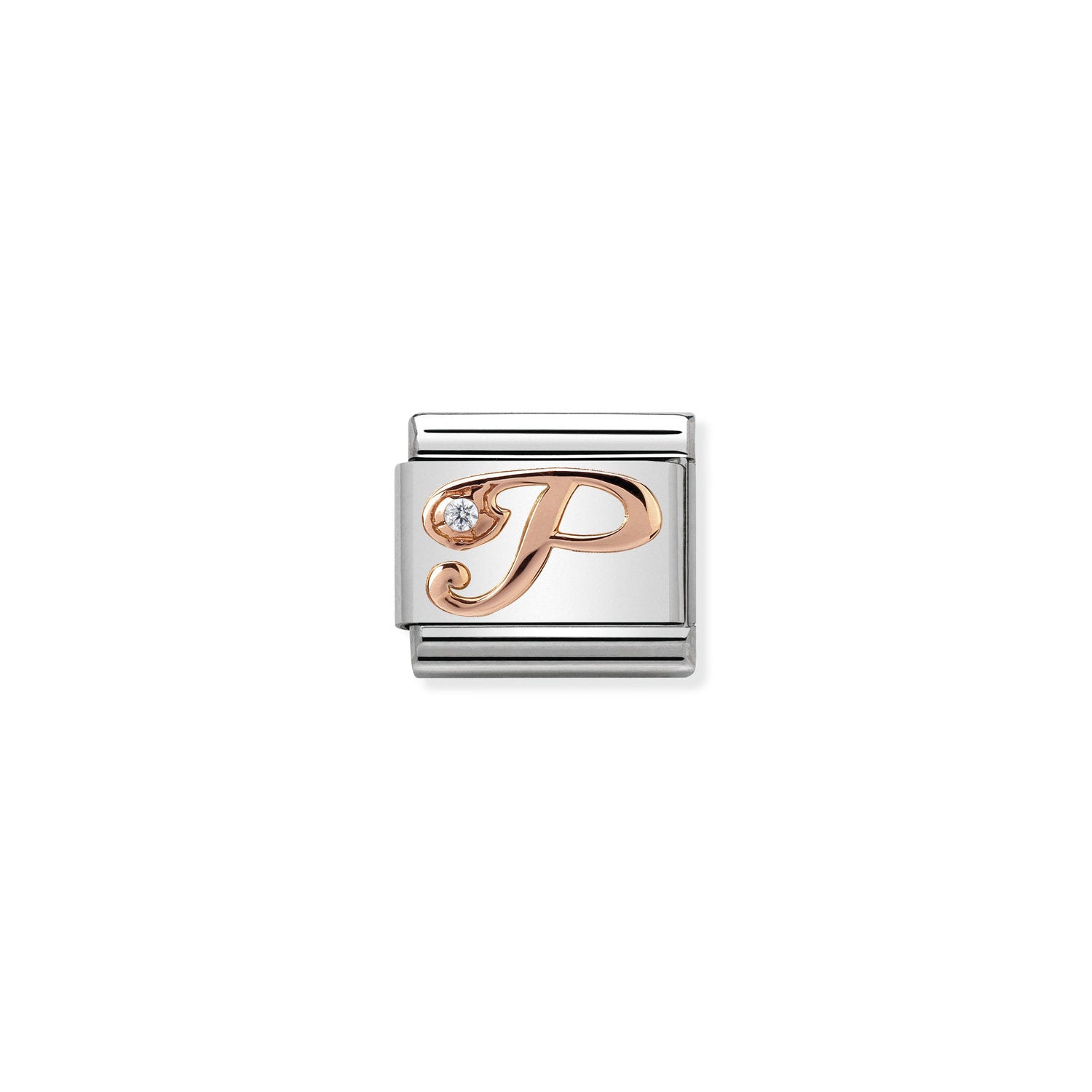 Composable® Link, Charm, Letter P In rose gold and Cubic Zirconia in hypoallergenic stainless steel, rose gold 9kt, and cubic zirconia | Nomination Italy