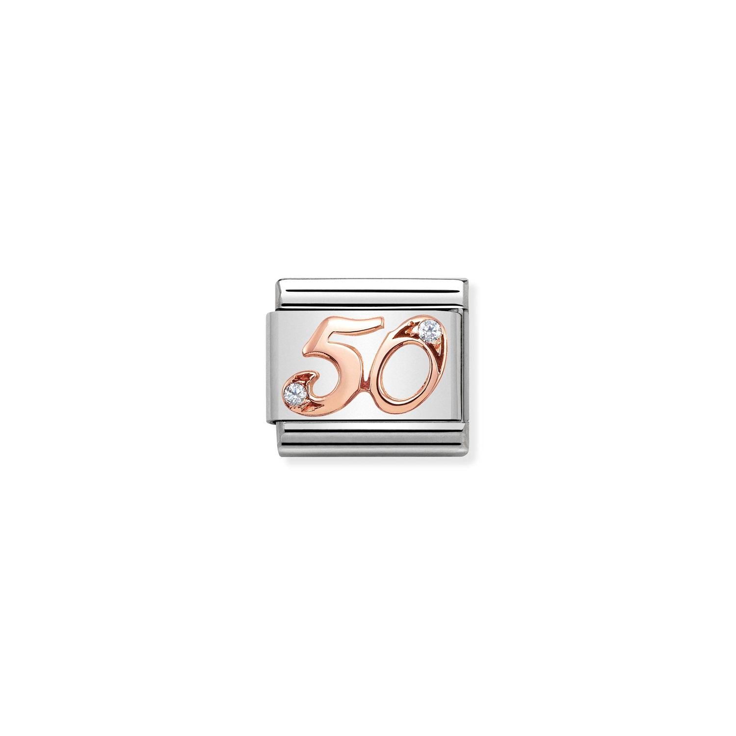 Composable® Link, Charm, Number 50 In rose gold with Stone in hypoallergenic stainless steel, rose gold 9kt, and cubic zirconia | Nomination Italy