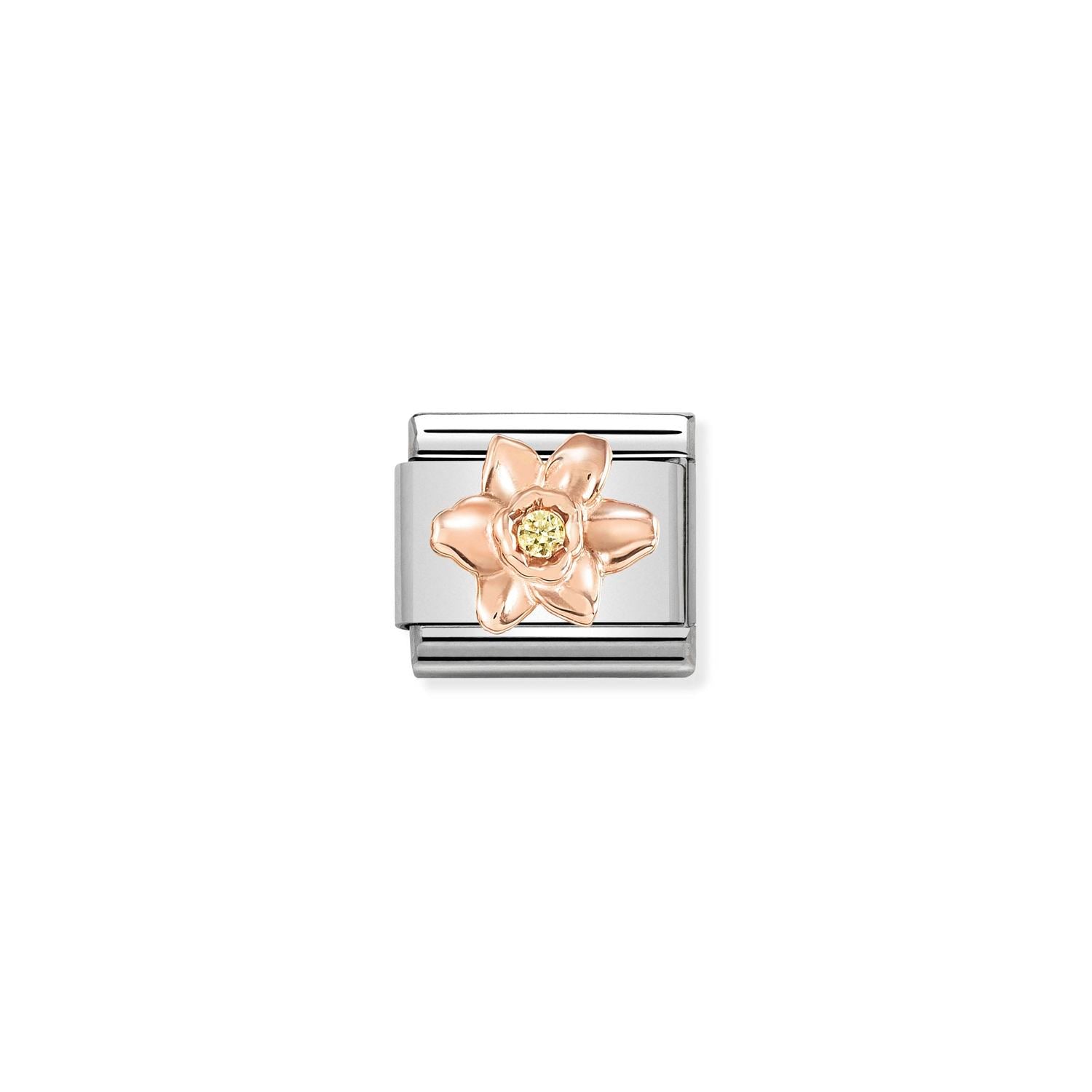 Composable® Link, Charm, Yellow Daffodil in hypoallergenic stainless steel, rose gold 9kt, and cubic zirconia | Nomination Italy