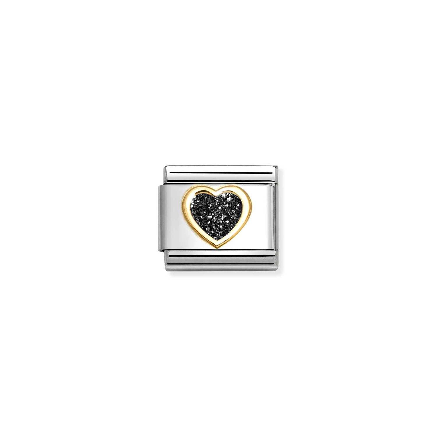 Composable® Link, Charm, Heart, Black Glitter in hypoallergenic stainless steel, gold 18 kt and enamel | Nomination Italy