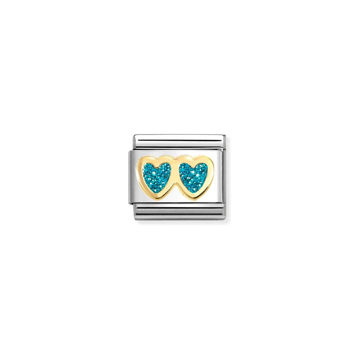 Composable® Link, Charm, Double Heart, Turquoise Glitter in hypoallergenic stainless steel, gold 18 kt and enamel | Nomination Italy