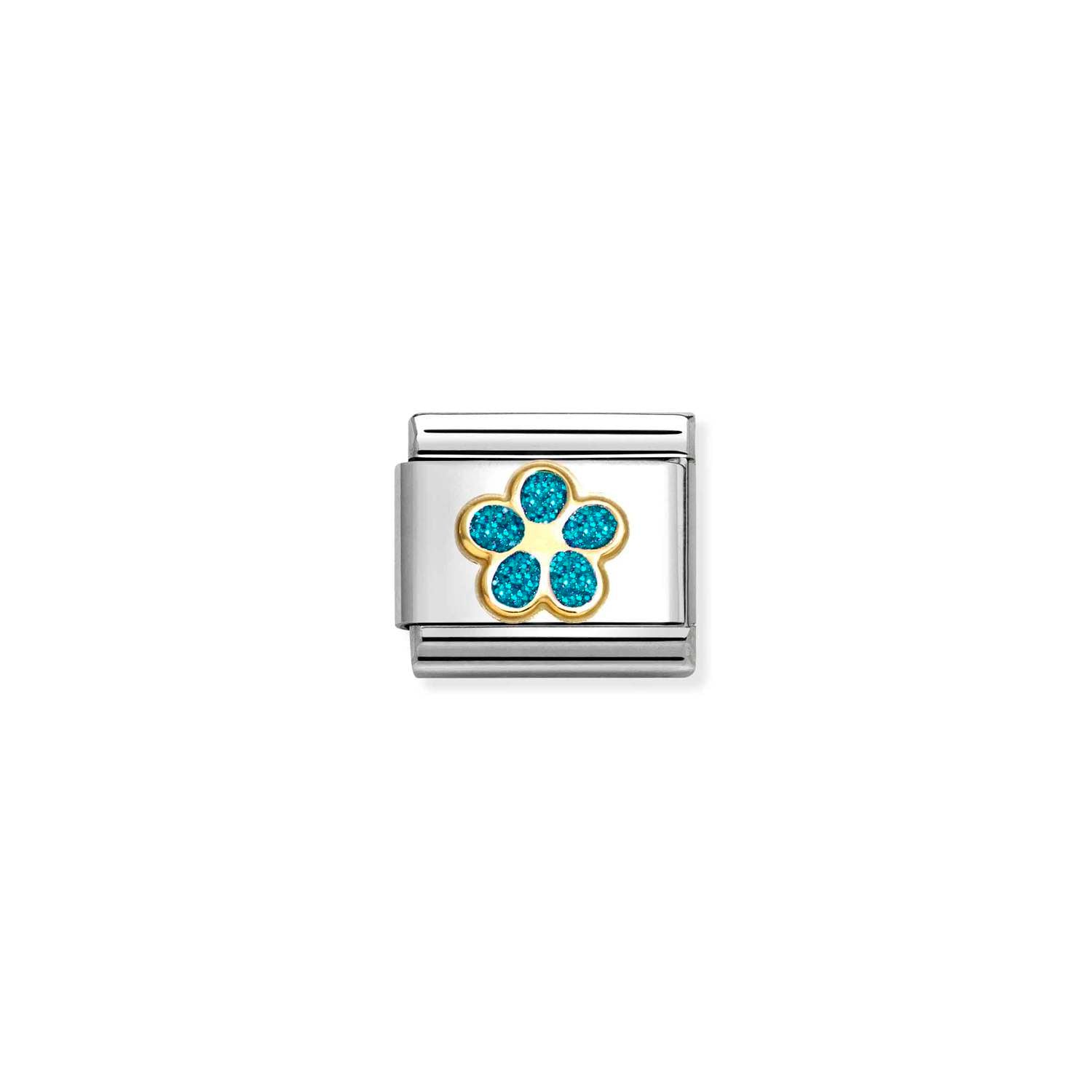 Composable® Link, Charm, Flower, Turquoise Glitter in hypoallergenic stainless steel, gold 18 kt and enamel | Nomination Italy