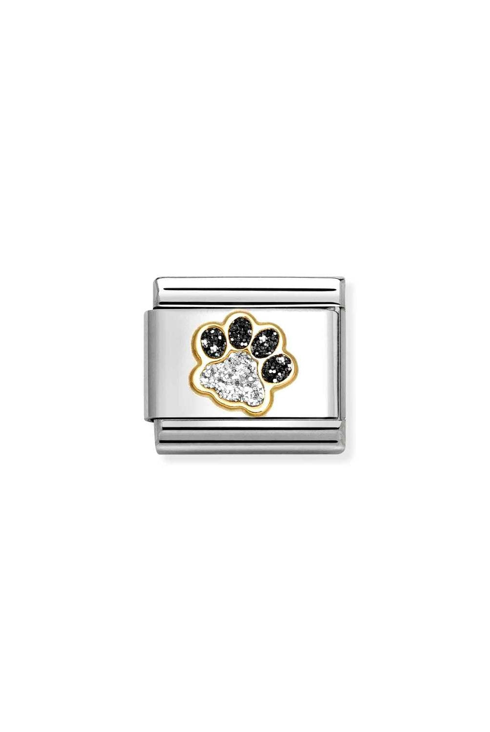 Composable® Link, Charm, Paw Print, Black & silver Glitter in hypoallergenic stainless steel, gold 18 kt and enamel | Nomination Italy