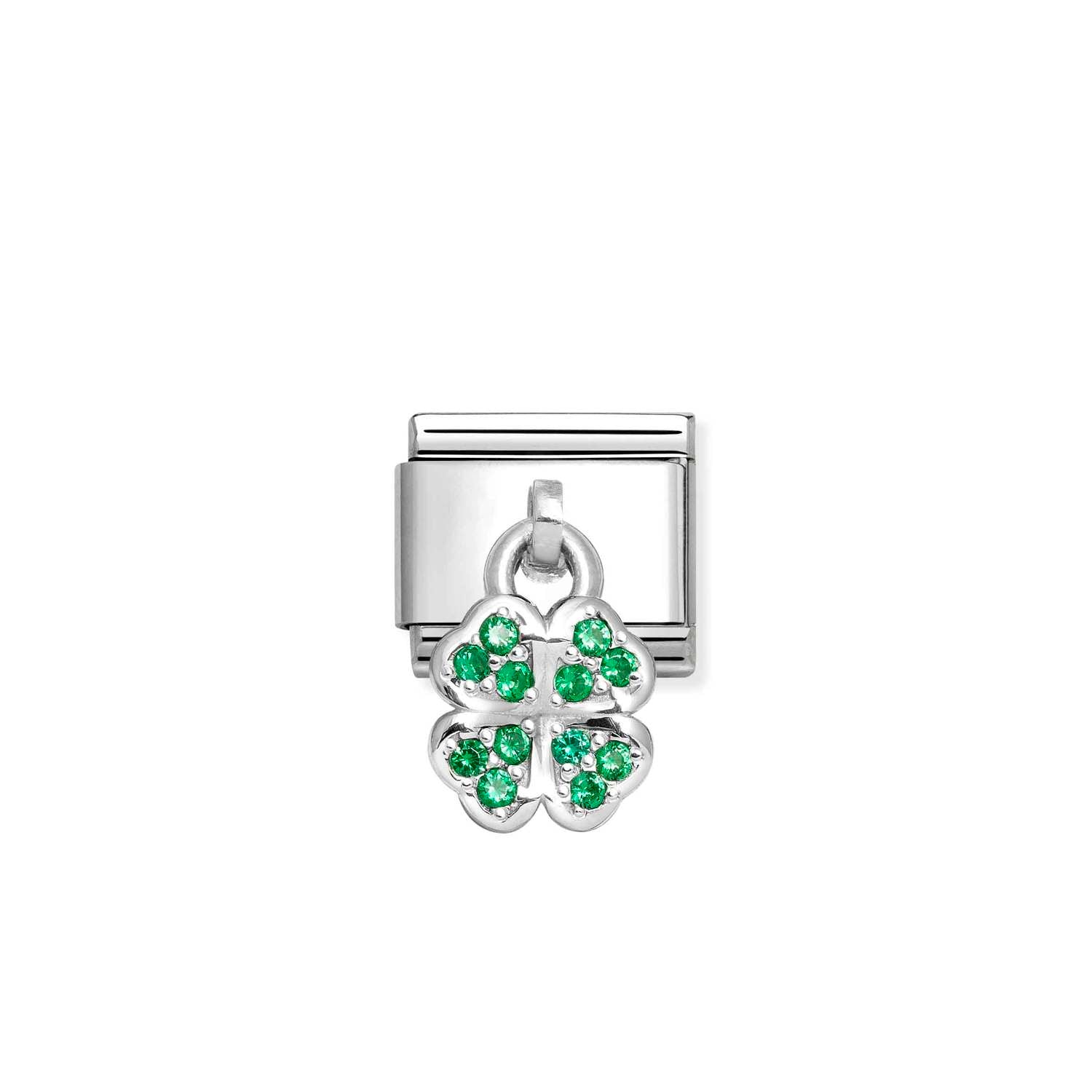 Composable® Link, Charm, Pendant Four-leaf Clover, Green Stones in hypoallergenic stainless steel, sterling silver .925 and cubic zirconia | Nomination Italy