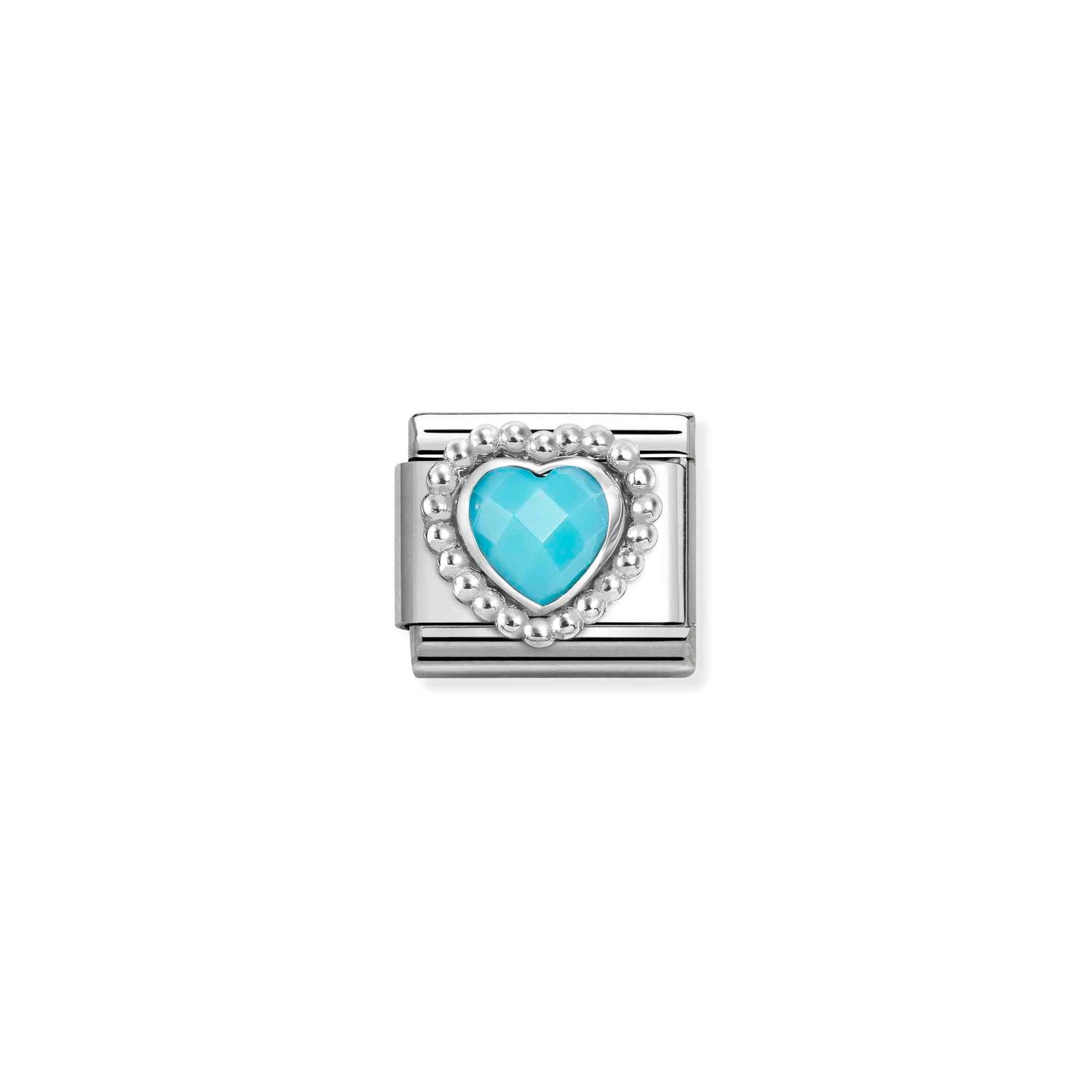 Composable® Link, Charm, Faceted Turquoise Heart,beaded in hypoallergenic stainless steel, sterling silver .925 and cubic zirconia | Nomination Italy