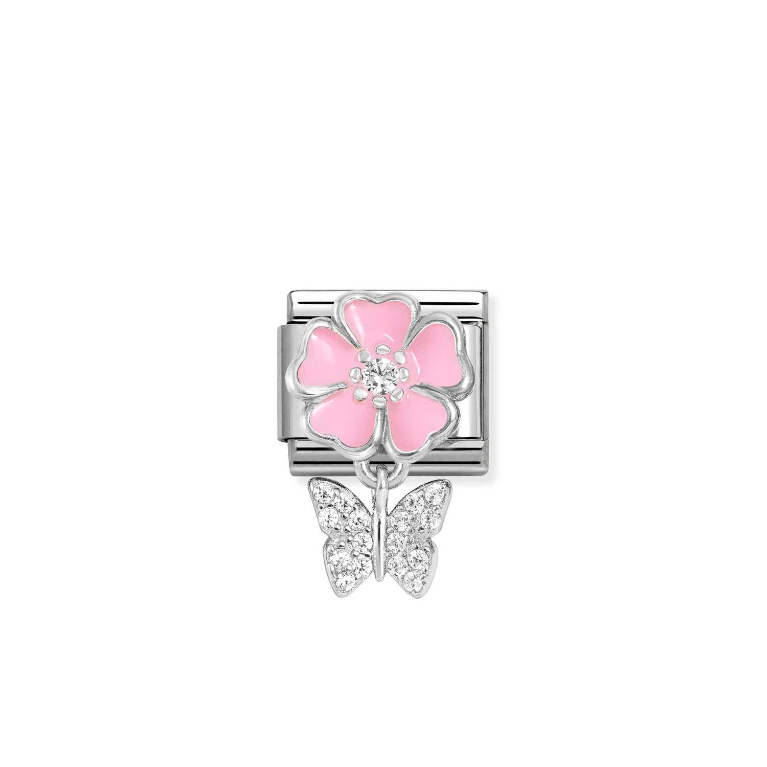 Composable® Link, Charm, Pink Flower, Butterfly Pendant in hypoallergenic stainless steel, sterling silver .925 and cubic zirconia | Nomination Italy