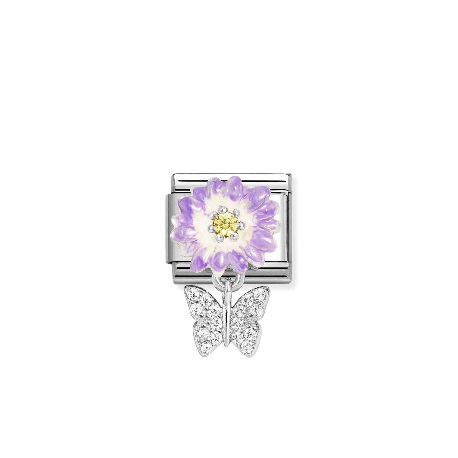 Composable® Link, Charm, Purple Flower, Butterfly in hypoallergenic stainless steel, sterling silver .925 and cubic zirconia | Nomination Italy