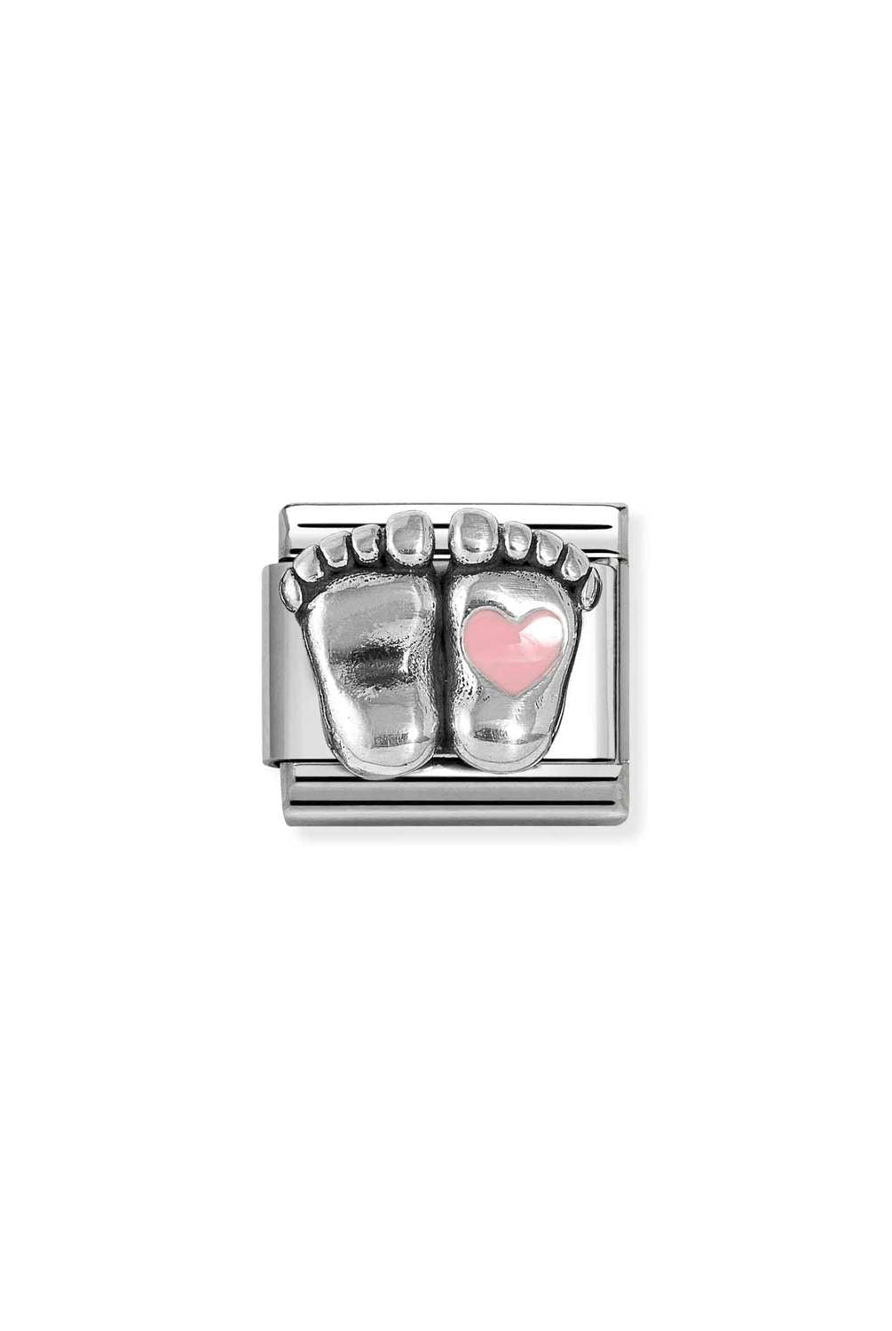 Composable® Link, Charm, Baby Feet, Pink Heart in hypoallergenic stainless steel, sterling silver .925 and enamel | Nomination Italy