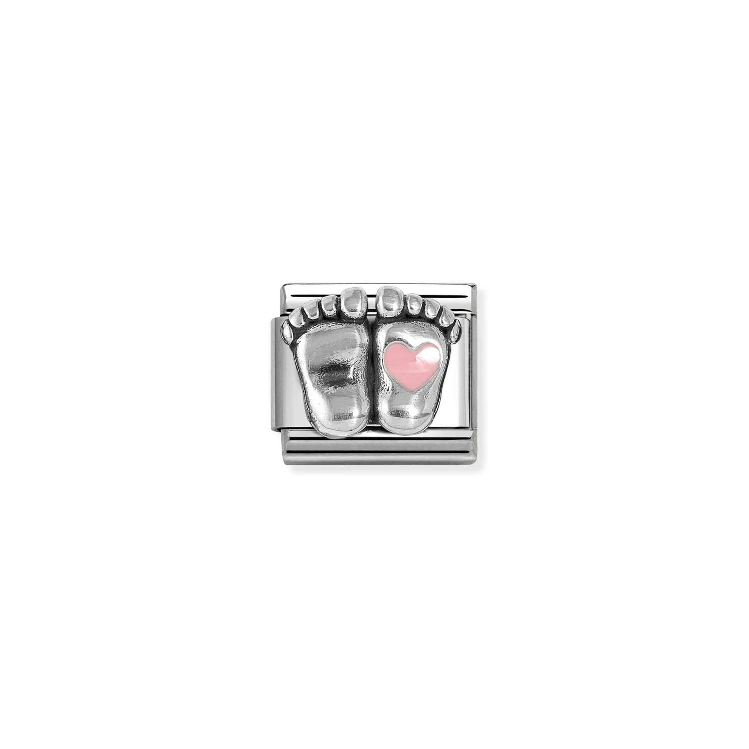Composable® Link, Charm, Baby Feet, Pink Heart in hypoallergenic stainless steel, sterling silver .925 and enamel | Nomination Italy