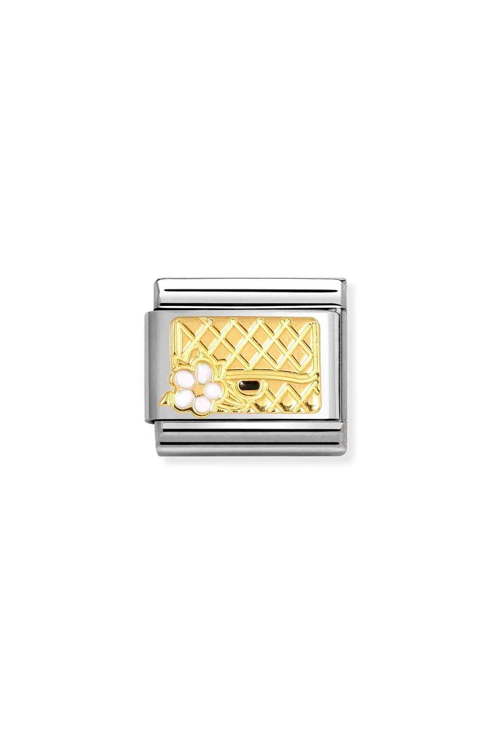 Composable® Link, Charm, Bag with Flower in hypoallergenic stainless steel, gold 18 kt and enamel | Nomination Italy