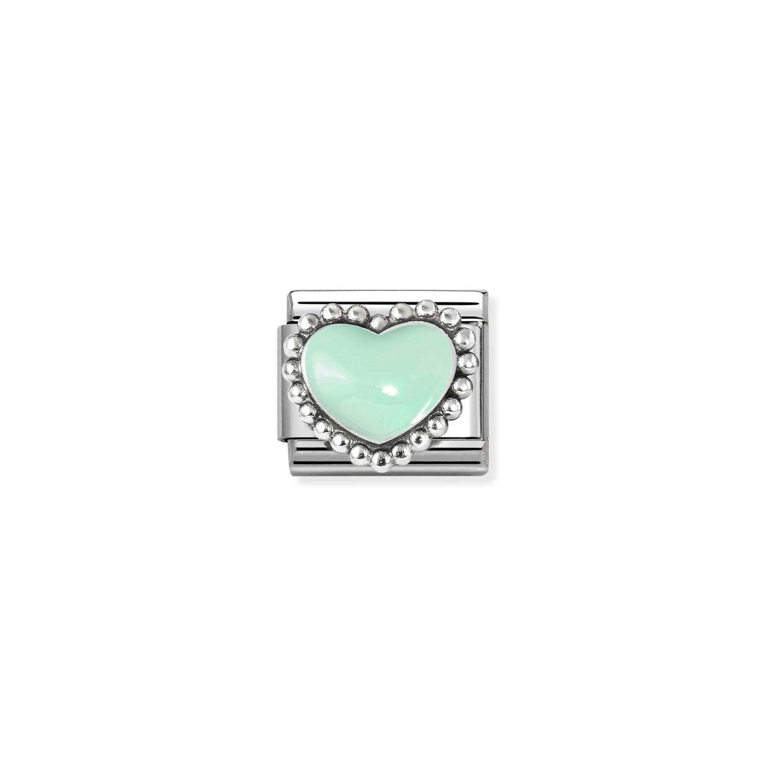 Composable® Link, Charm, Pastel Green Heart, Beaded Setting in hypoallergenic stainless steel, sterling silver .925 and enamel | Nomination Italy
