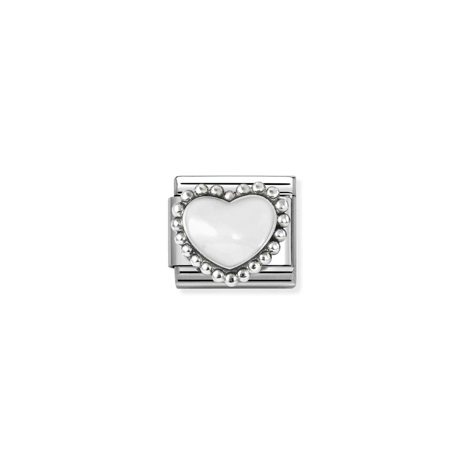 Composable® Link, Charm, White Heart, Beaded Setting in hypoallergenic stainless steel, sterling silver .925 and enamel | Nomination Italy
