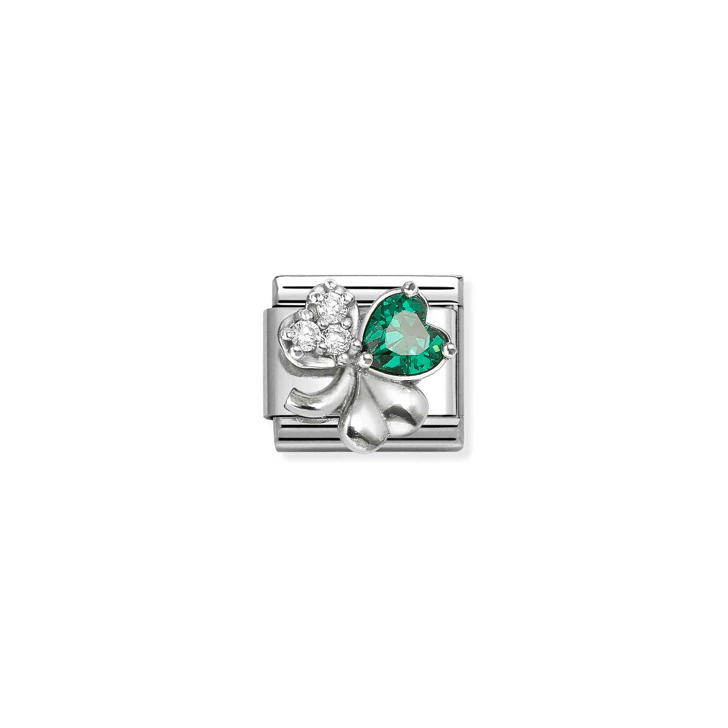 Composable® Link, Charm, Four-leaf Clover, Green and White in hypoallergenic stainless steel, sterling silver .925 and cubic zirconia | Nomination Italy
