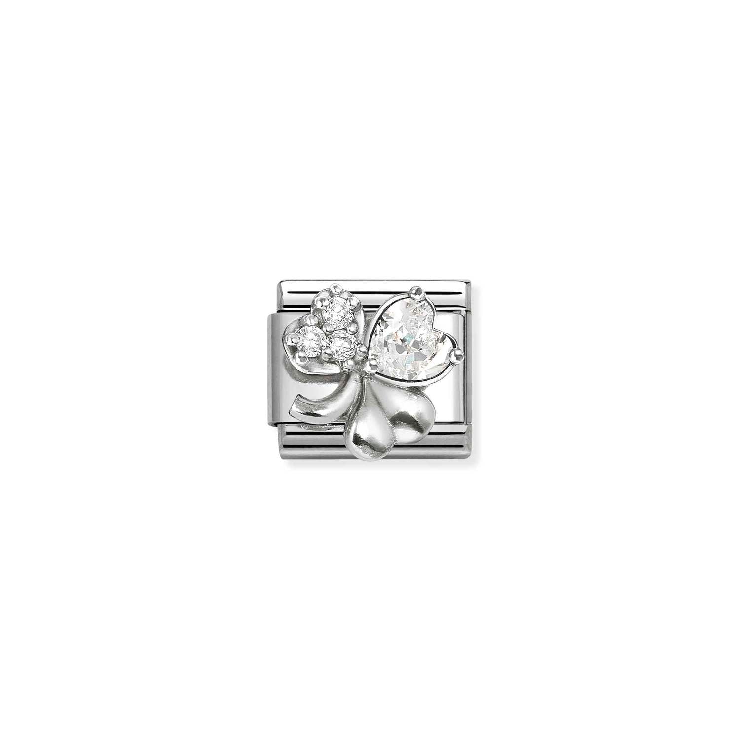 Composable® Link, Charm, Four-leaf Clover, White in hypoallergenic stainless steel, sterling silver .925 and cubic zirconia | Nomination Italy