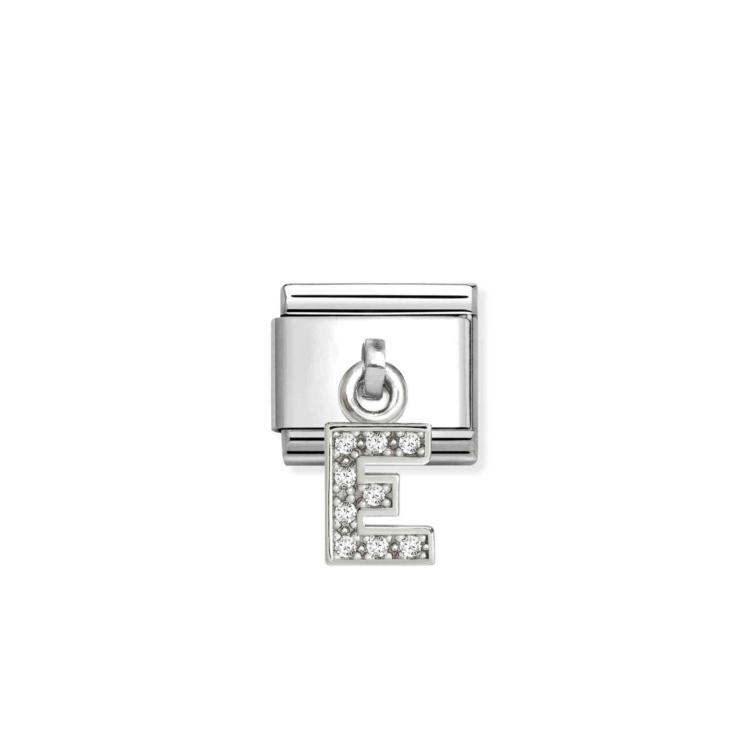 Composable® Link, Charm, Letter E Pendant, silver in hypoallergenic stainless steel, sterling silver .925 and cubic zirconia | Nomination Italy
