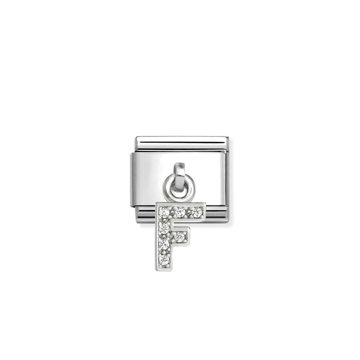 Composable® Link, Charm, Letter F Pendant, silver in hypoallergenic stainless steel, sterling silver .925 and cubic zirconia | Nomination Italy