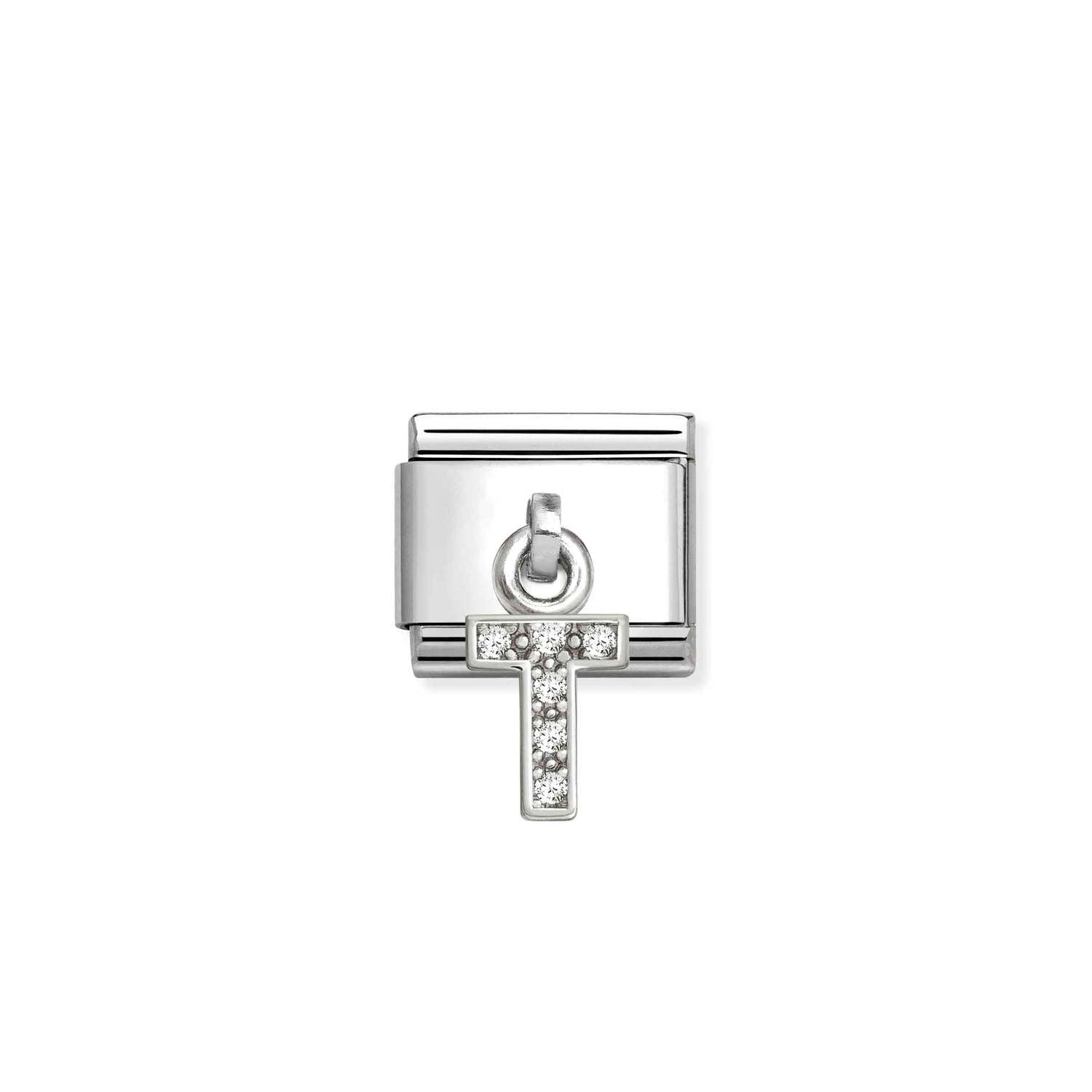 Composable® Link, Charm, Letter T Pendant, silver in hypoallergenic stainless steel, sterling silver .925 and cubic zirconia | Nomination Italy