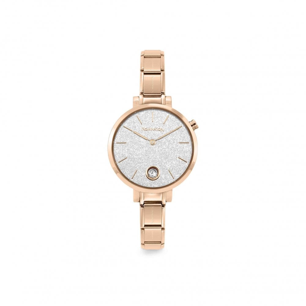 Rosegold Oval Dial Watch with Silver Glitter Dial on Composable Links