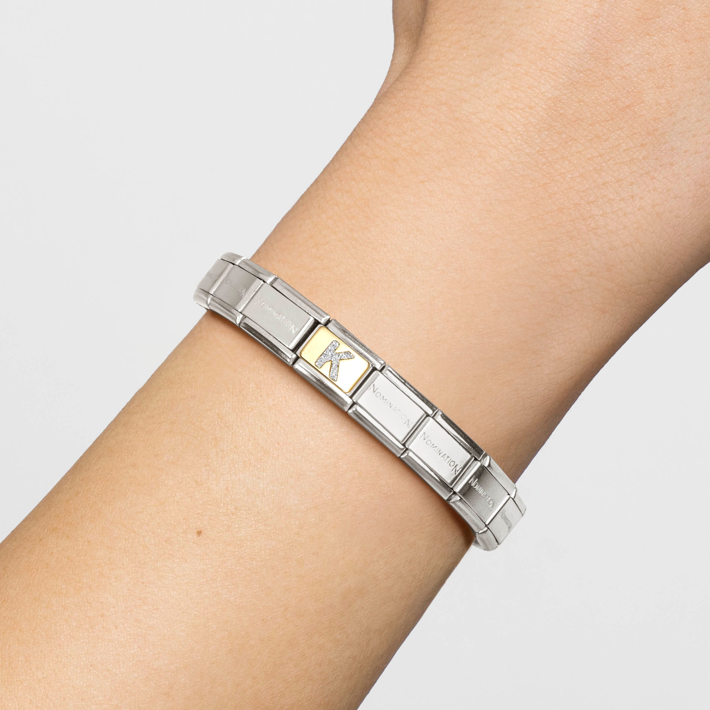 Composable® Link, Charm, Letter K, silver Glitter in hypoallergenic stainless steel, gold 18 kt and enamel | Nomination Italy