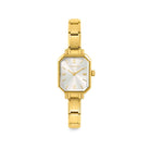 Gold watch with a white face on a white background