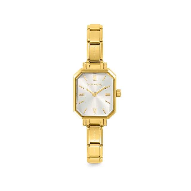 Gold watch with a white face on a white background