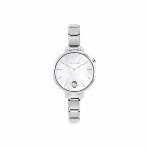 Paris watch with steel band round with zirconia white mother-of-pearl. Personalized watch with Composable® links. Make it your own.