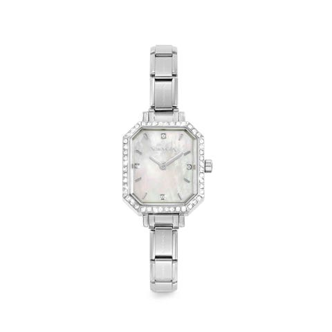Paris watch with steel strap and rectangular cubic zirconia white mother-of-pearl. Personalized watch with Composable® links. Make it your own.