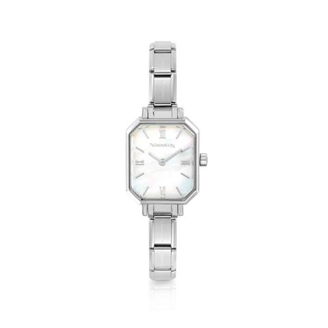 Paris watch with new rectangular steel strap in white mother-of-pearl. Personalized watch with Composable® links. Make it your own.