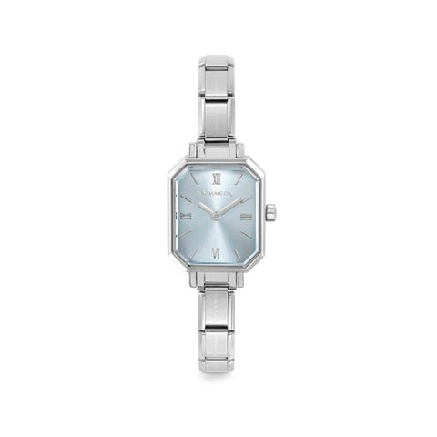 Paris watch with new rectangular steel strap in light blue. Personalized watch with Composable® links. Make it your own.