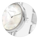 Silver watch with a white face on a white background