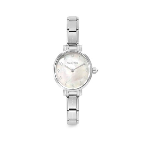 Paris watch with steel strap oval with cubic zirconia white mother-of-pearl. Personalized watch with Composable® links. Make it your own.